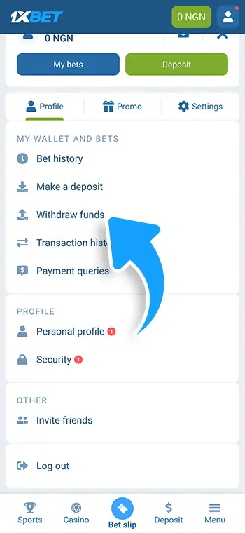 1xBet withdrawal step 4: Choose Withdraw Funds