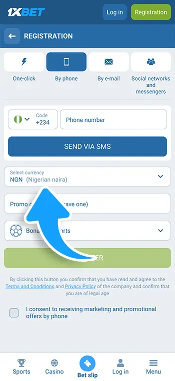 1xBet registration step 5: Choose currency and input details