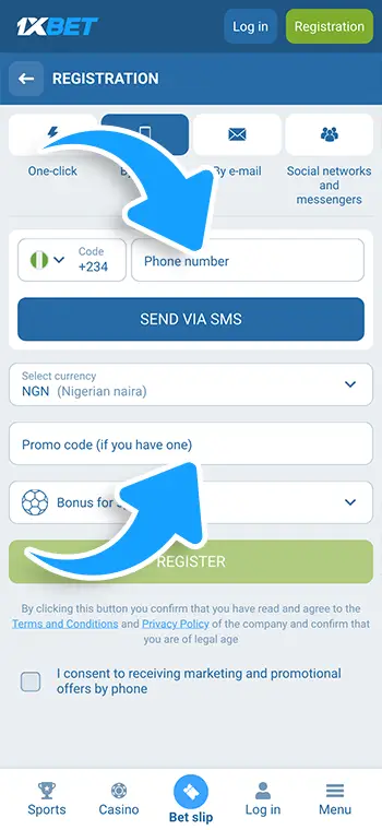 1xBet registration step 4: Fill in required fields and promo code