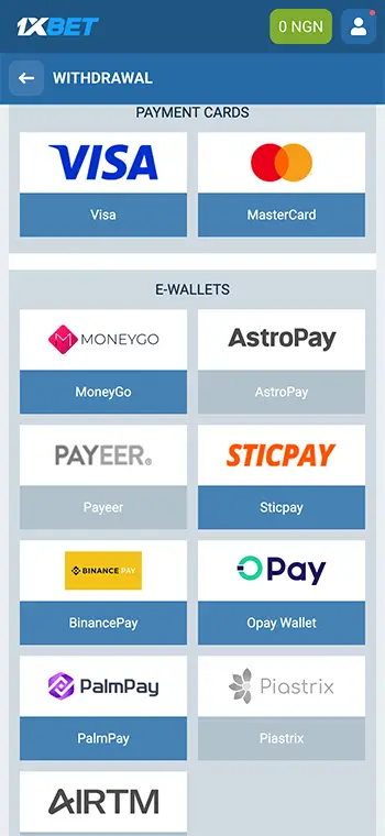 1xBet withdrawal step 5: Select preferred option