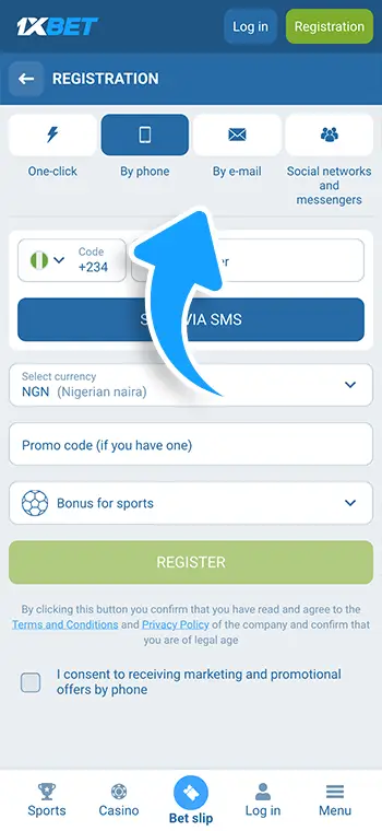 1xBet registration step 3: Select registration method