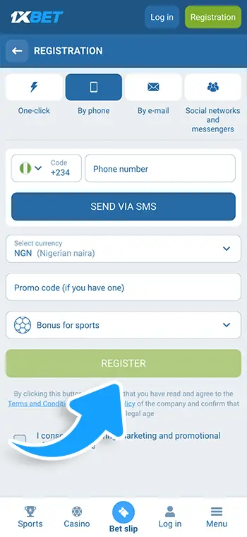 1xBet registration step 6: Submit registration form